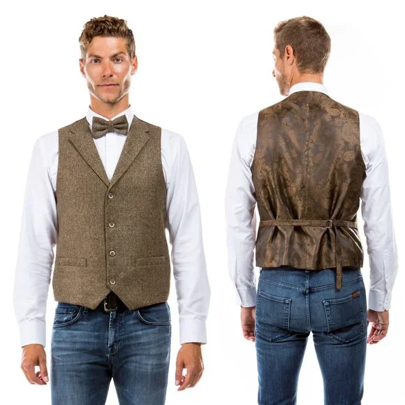 Luxury Notch Lapel Tweed Vest w/ Adjustable Strap Includes Bowtie, Tan - Picture 1 of 5